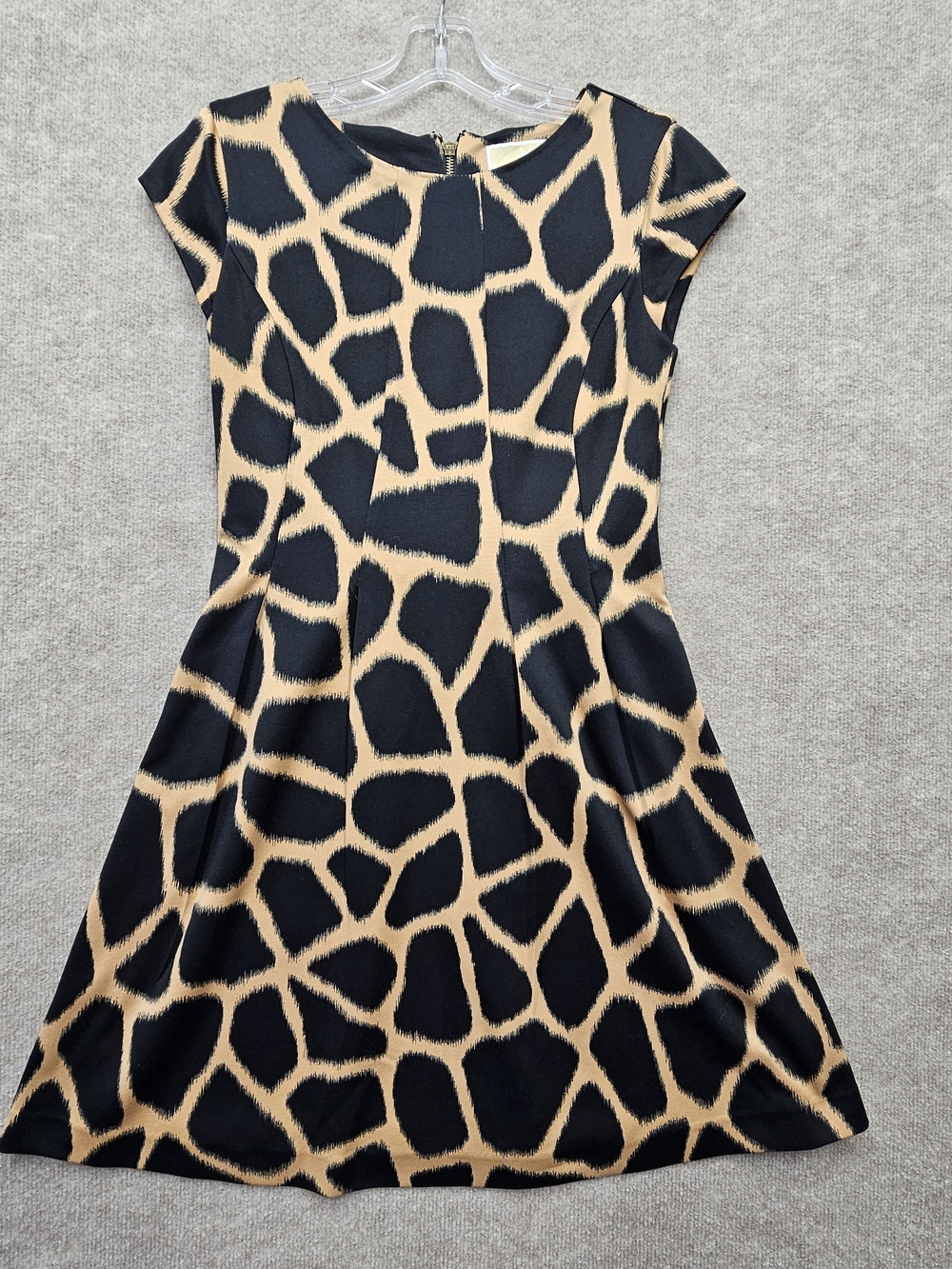 Michael Kors Fit & Flare Dress Size 0 Black Tan Giraffe Print Gold Zip - Picture 3 of 13